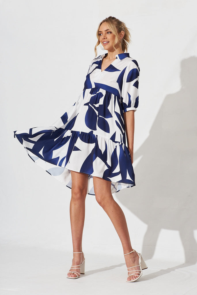 Tamira Smock Dress In White With Navy Print - full length