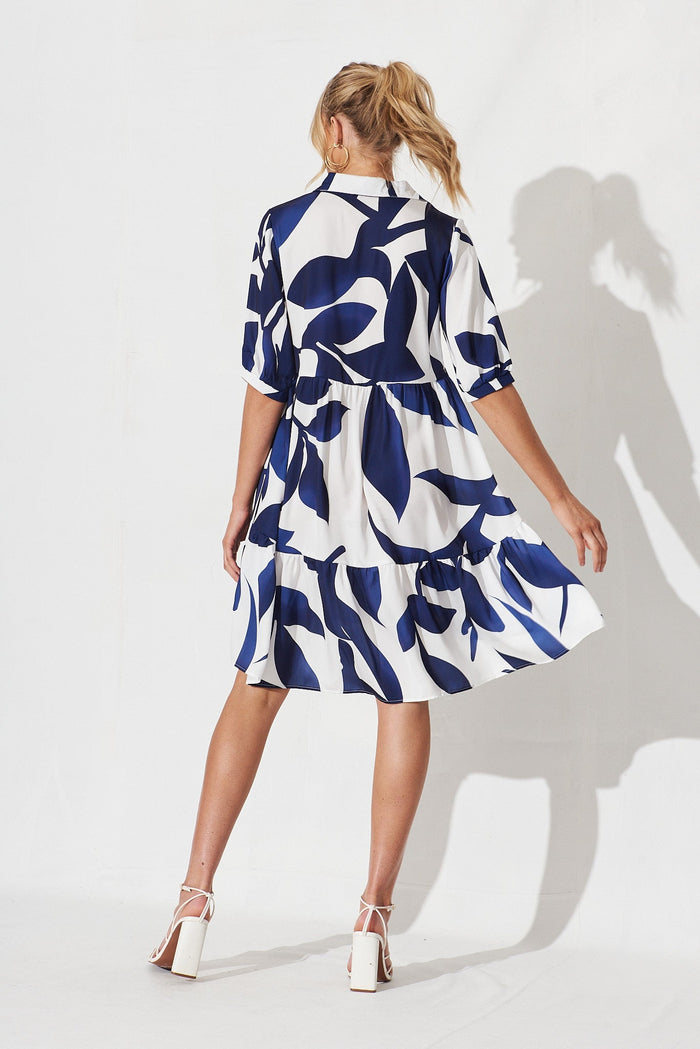 Tamira Smock Dress In White With Navy Print - back