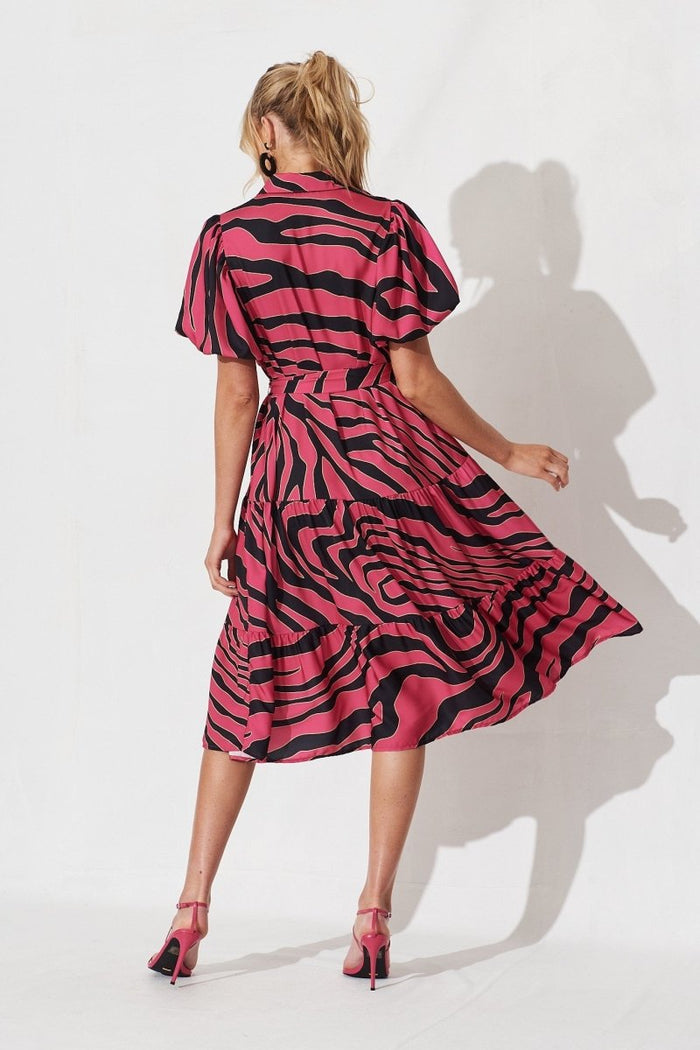 Cantia Midi Shirt Dress In Magenta With Black Print - St Frock (Dev)