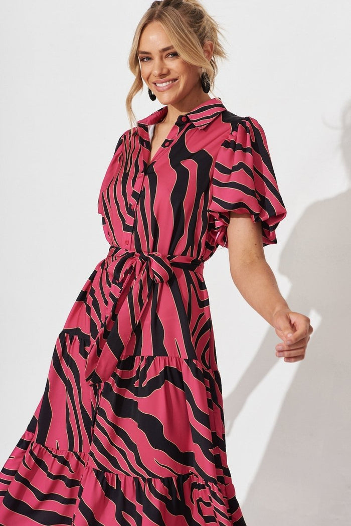 Cantia Midi Shirt Dress In Magenta With Black Print - St Frock (Dev)