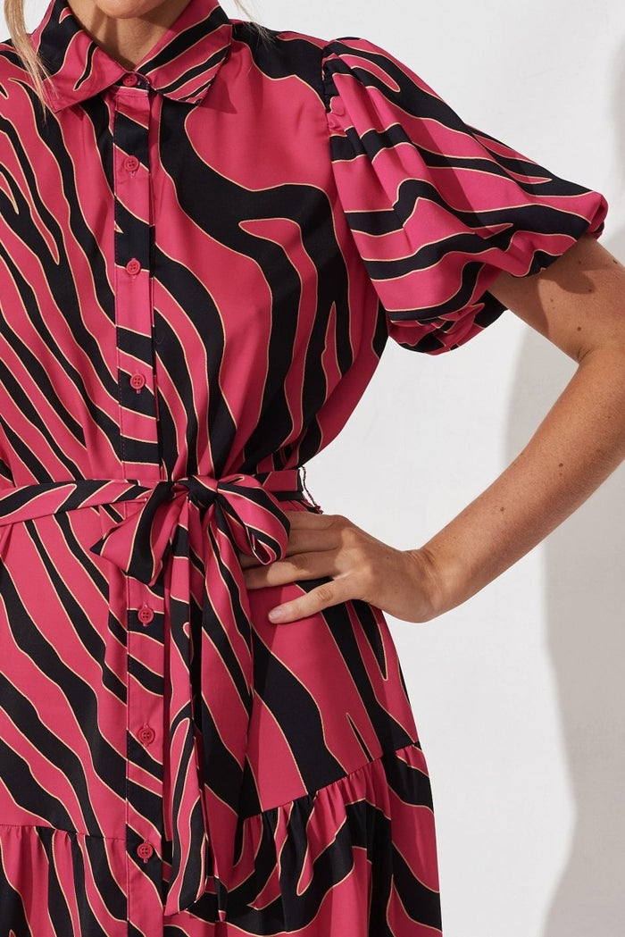 Cantia Midi Shirt Dress In Magenta With Black Print - St Frock (Dev)