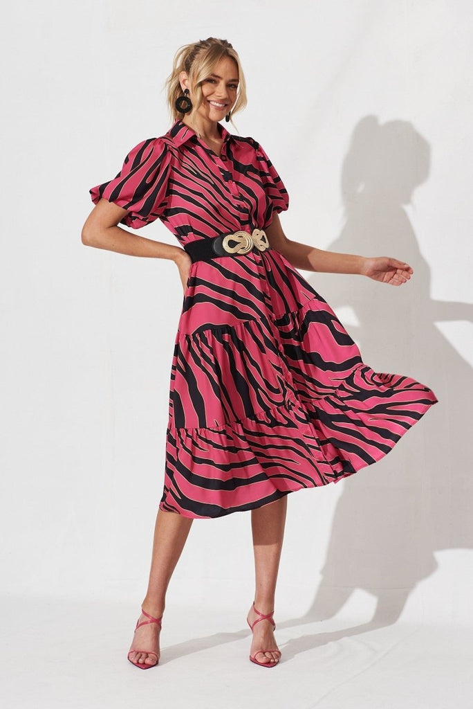 Cantia Midi Shirt Dress In Magenta With Black Print - St Frock (Dev)