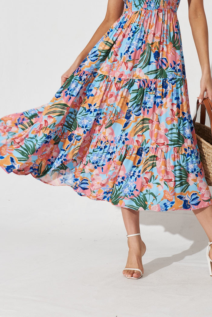 Hannary Midi Dress In Blue With Coral Floral - detail