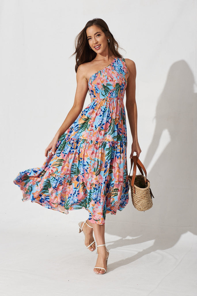 Hannary Midi Dress In Blue With Coral Floral - full length
