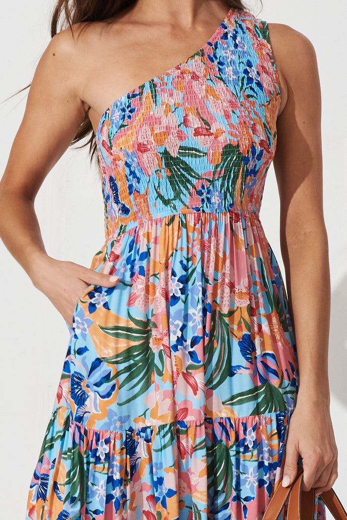 Hannary Midi Dress In Blue With Coral Floral - detail
