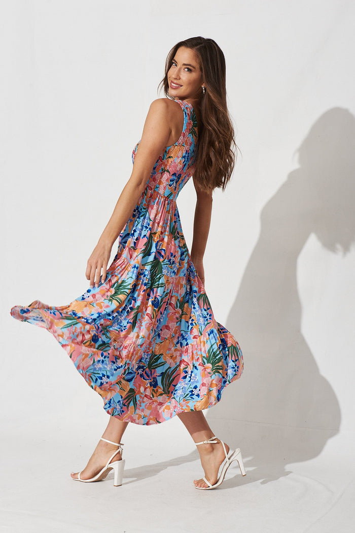 Hannary Midi Dress In Blue With Coral Floral - side