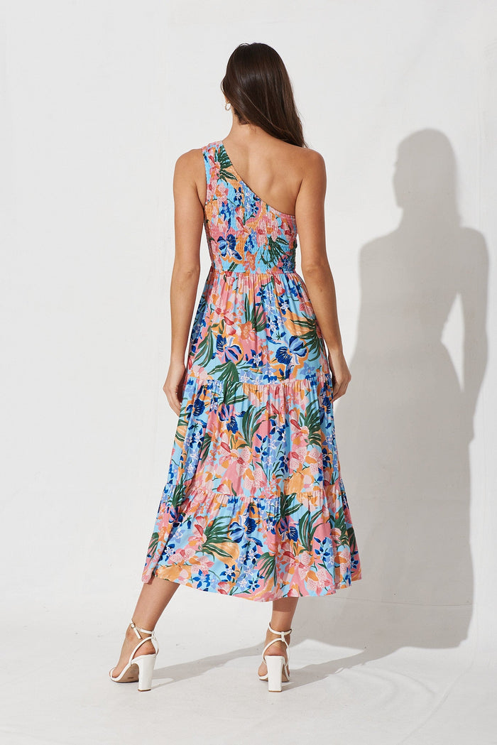 Hannary Midi Dress In Blue With Coral Floral - back