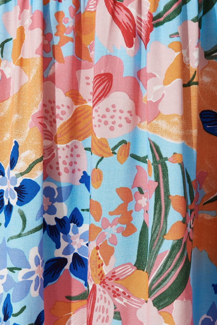 Hannary Midi Dress In Blue With Coral Floral - fabric