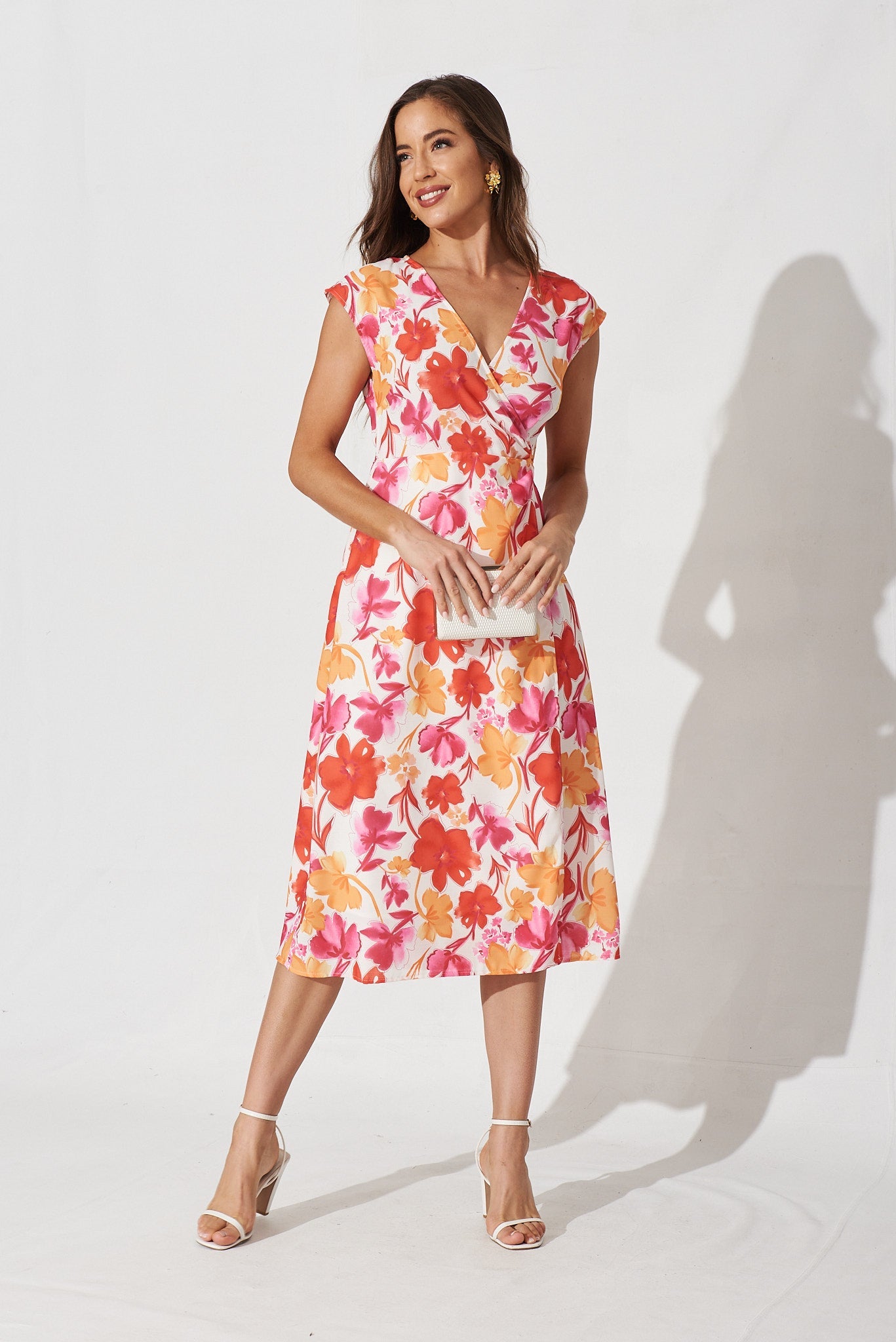 Siena Midi Dress In Red With Orange Floral Linen Blend - full length