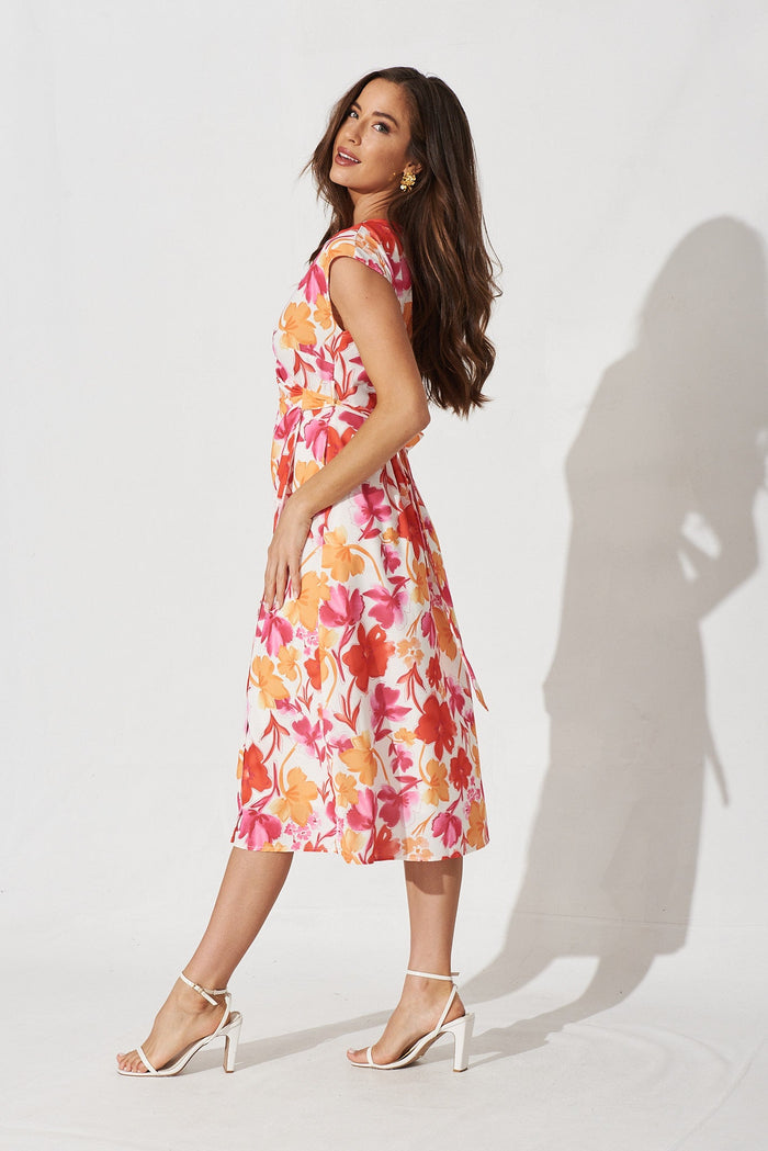 Siena Midi Dress In Red With Orange Floral Linen Blend - side