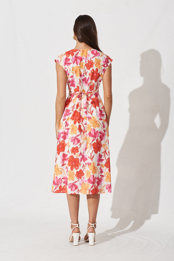 Siena Midi Dress In Red With Orange Floral Linen Blend - back