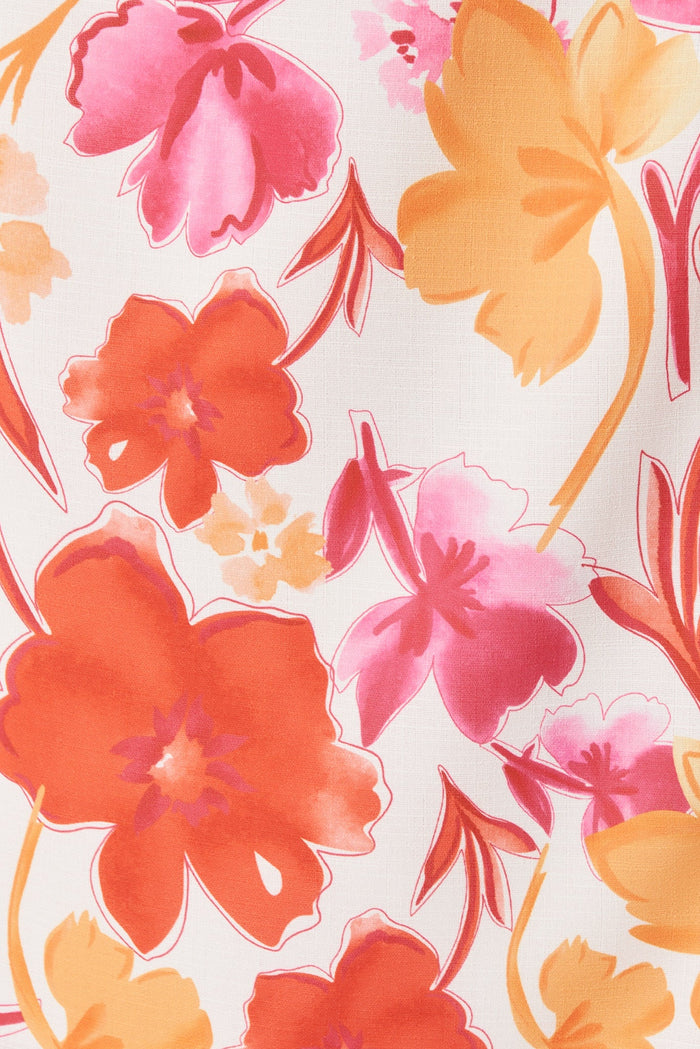 Siena Midi Dress In Red With Orange Floral Linen Blend - fabric