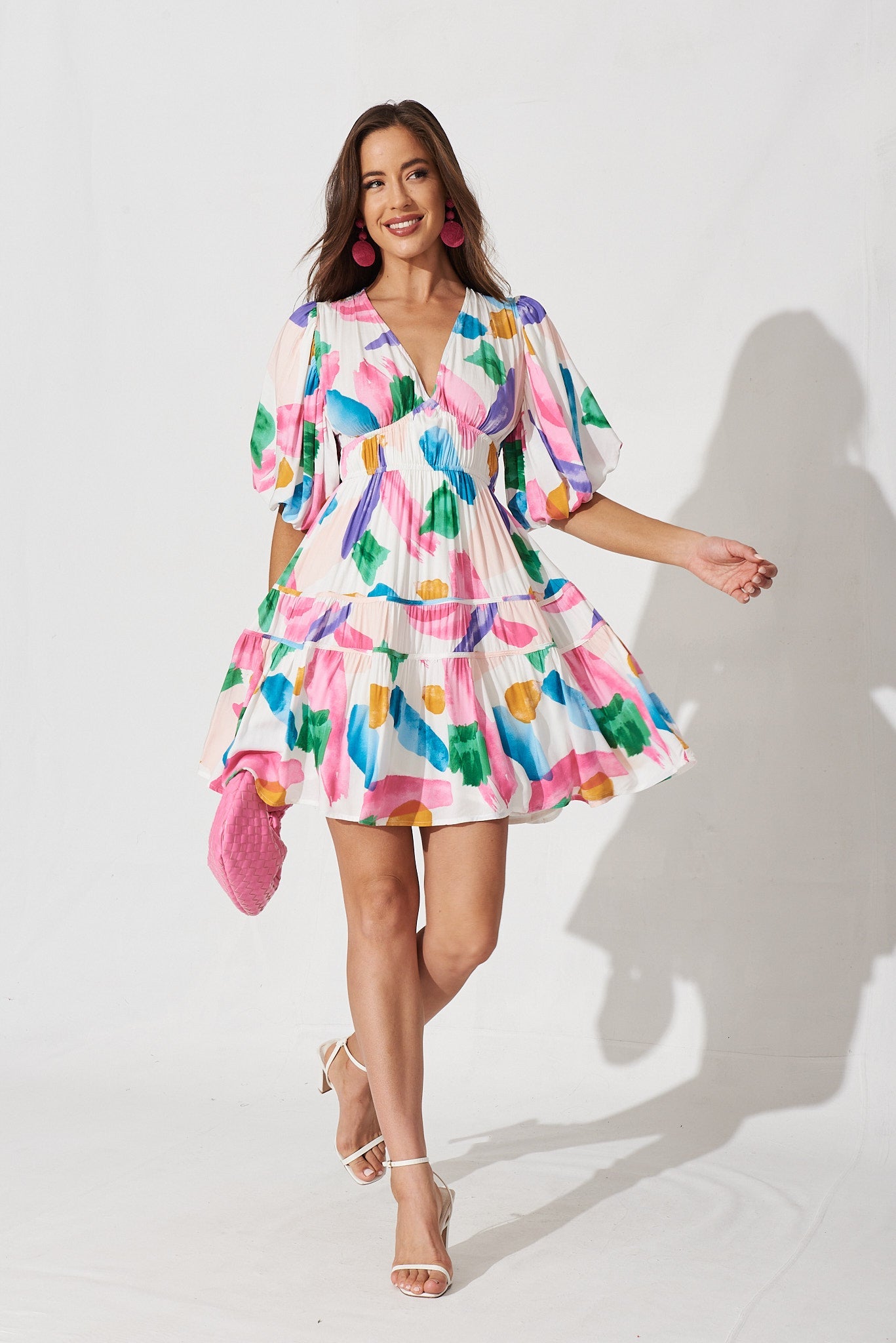 Amaryllis Dress In White With Pink Floral - full length