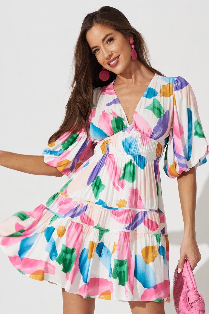 Amaryllis Dress In White With Pink Floral - front