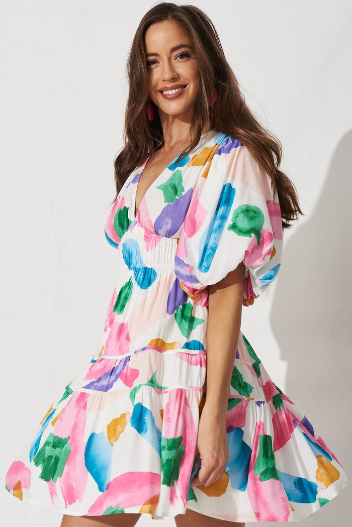 Amaryllis Dress In White With Pink Floral - side