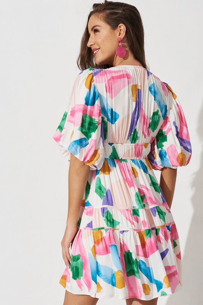 Amaryllis Dress In White With Pink Floral - back