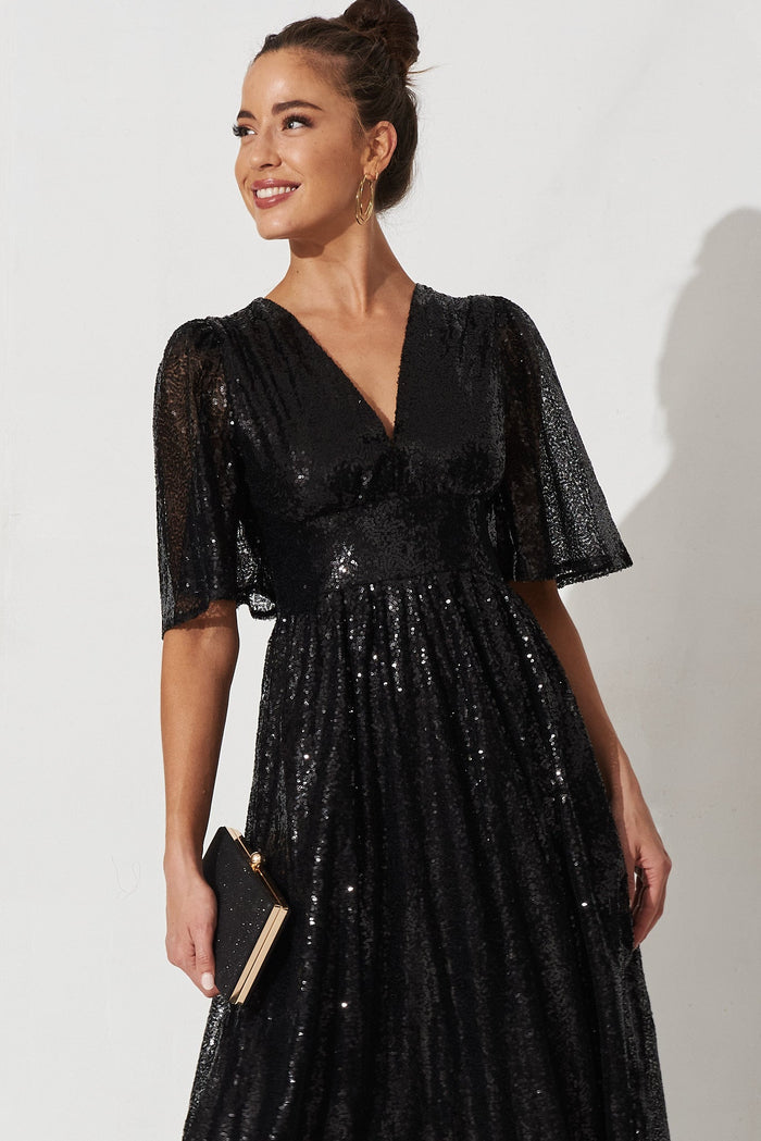 Livorno Midi Dress In Black Sequin - front