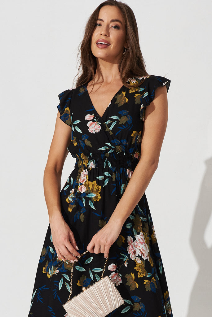 Pescara Midi Dress In Black With Green Leaf - front