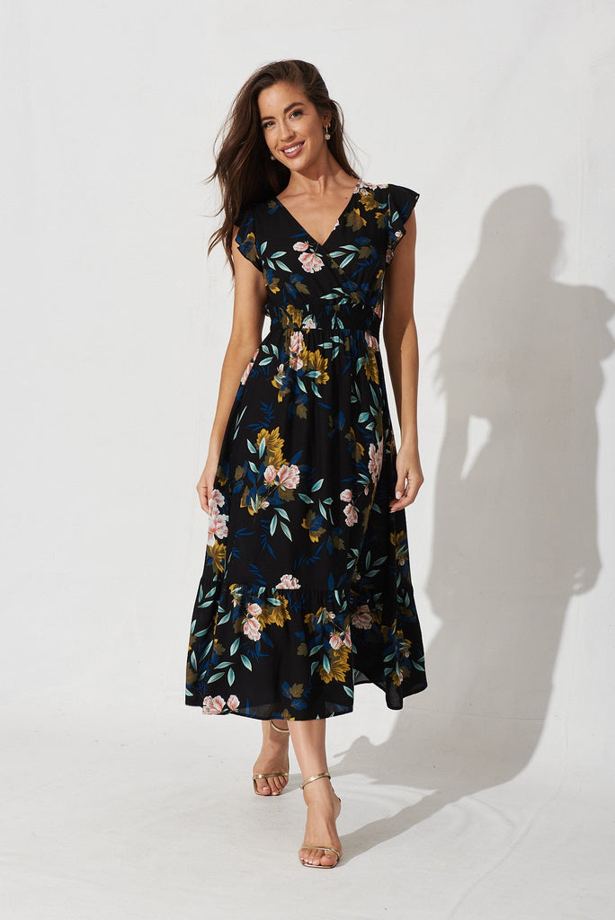 Pescara Midi Dress In Black With Green Leaf - full length