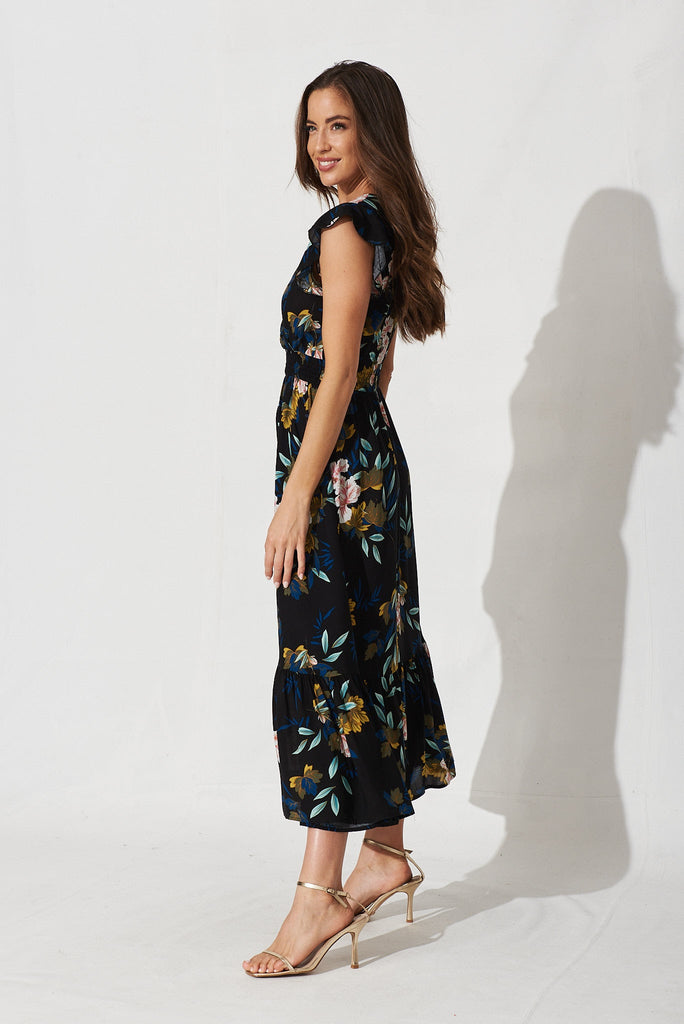 Pescara Midi Dress In Black With Green Leaf - side