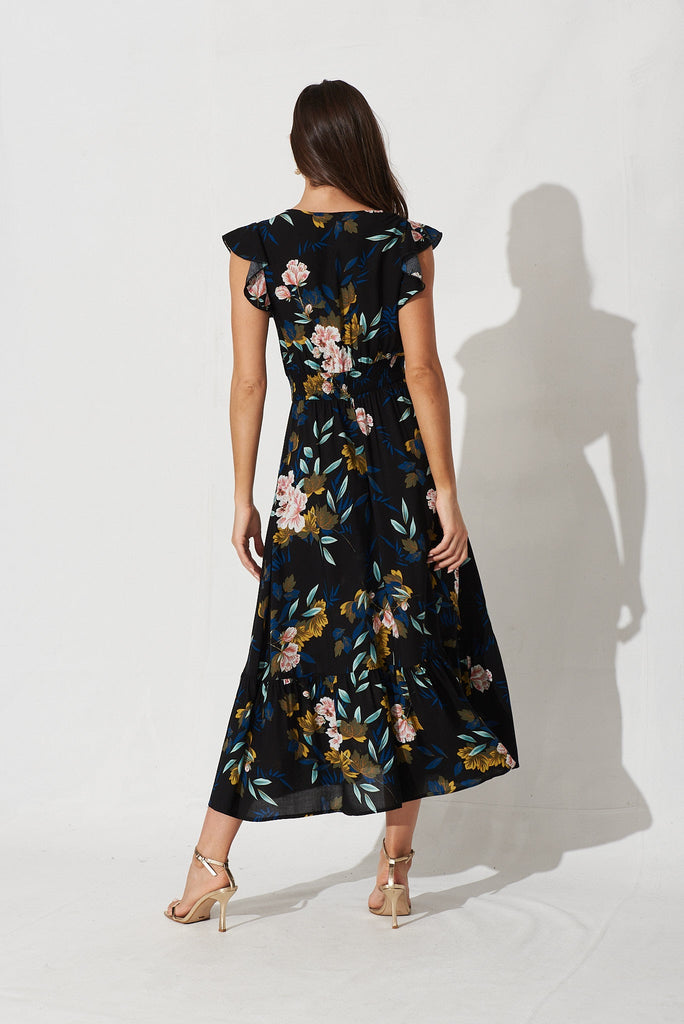 Pescara Midi Dress In Black With Green Leaf - back
