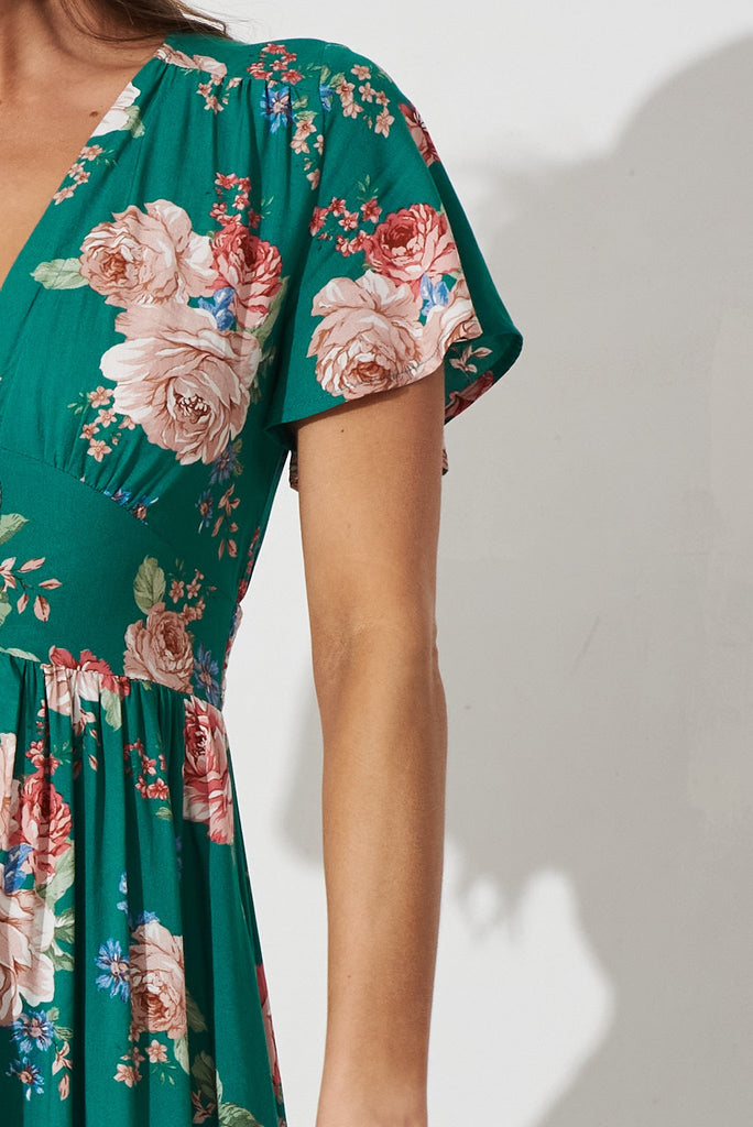 Nikke Midi Dress In Emerald With Blush Floral - detail