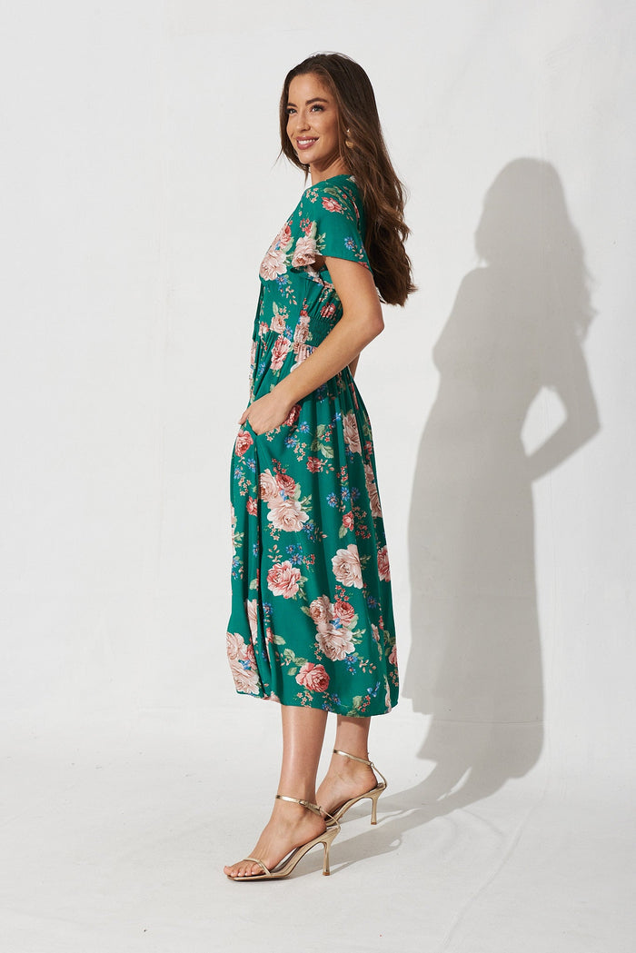 Nikke Midi Dress In Emerald With Blush Floral - side