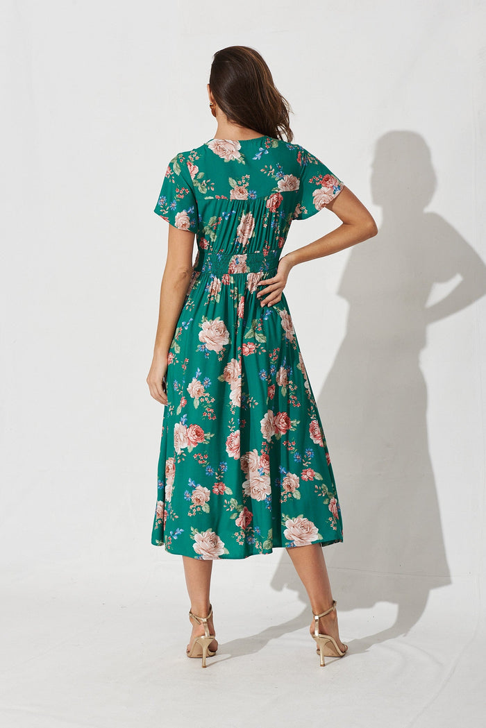 Nikke Midi Dress In Emerald With Blush Floral - back
