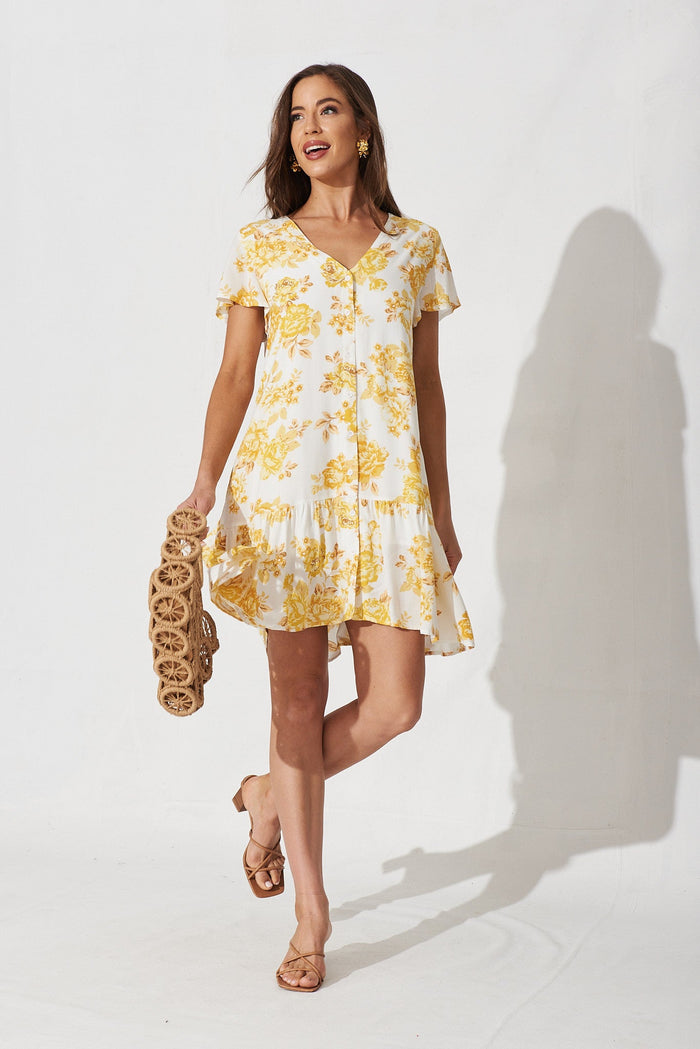 Mariachi Dress In White With Yellow Floral - full length