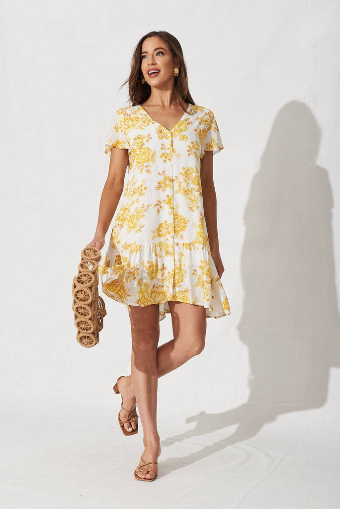 Mariachi Dress In White With Yellow Floral - full length
