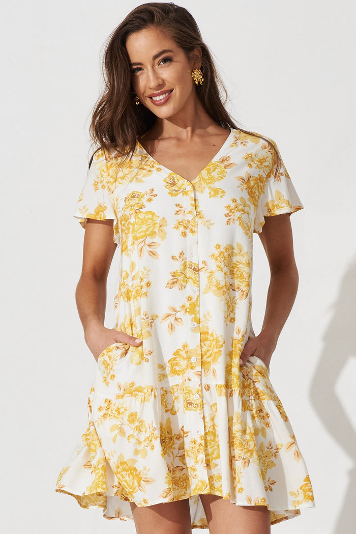 Mariachi Dress In White With Yellow Floral - front