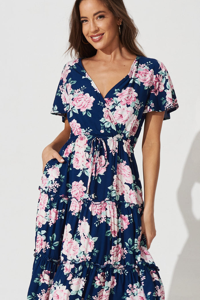 Bari Mini Dress In Navy With Pink Floral - front