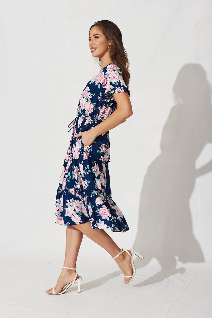 Bari Mini Dress In Navy With Pink Floral - side