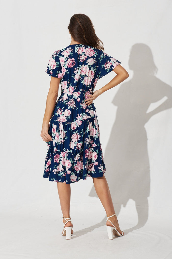Bari Mini Dress In Navy With Pink Floral - back