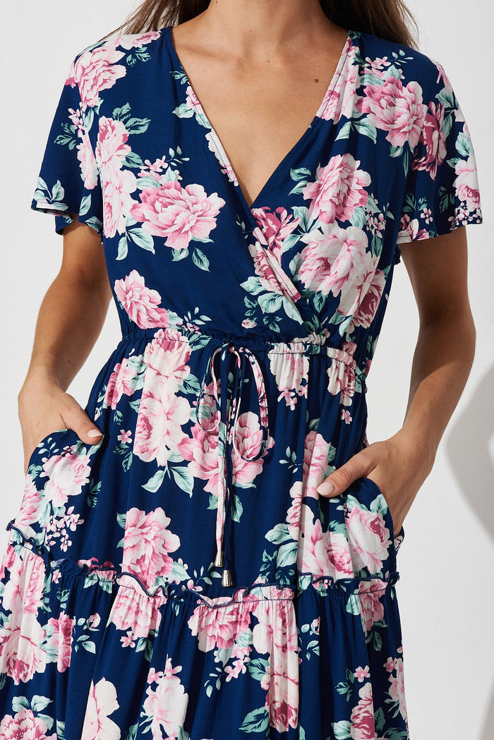 Bari Mini Dress In Navy With Pink Floral - detail