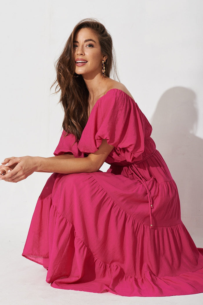Venosa Midi Dress In Hot Pink - detail sitting