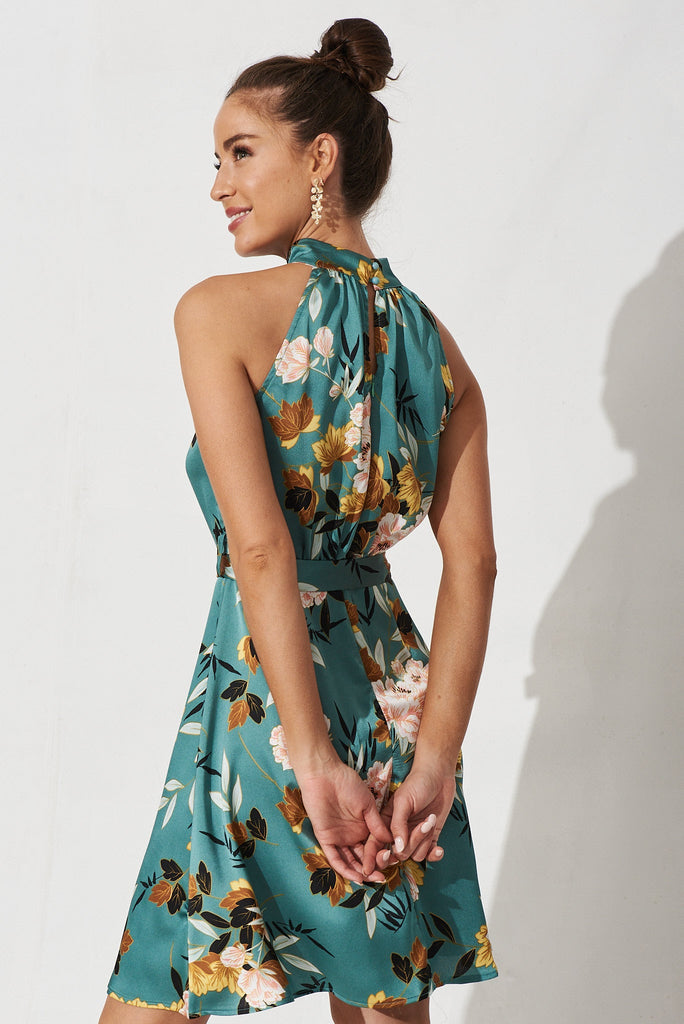 Karli Dress In Green With Blush Floral Satin - back