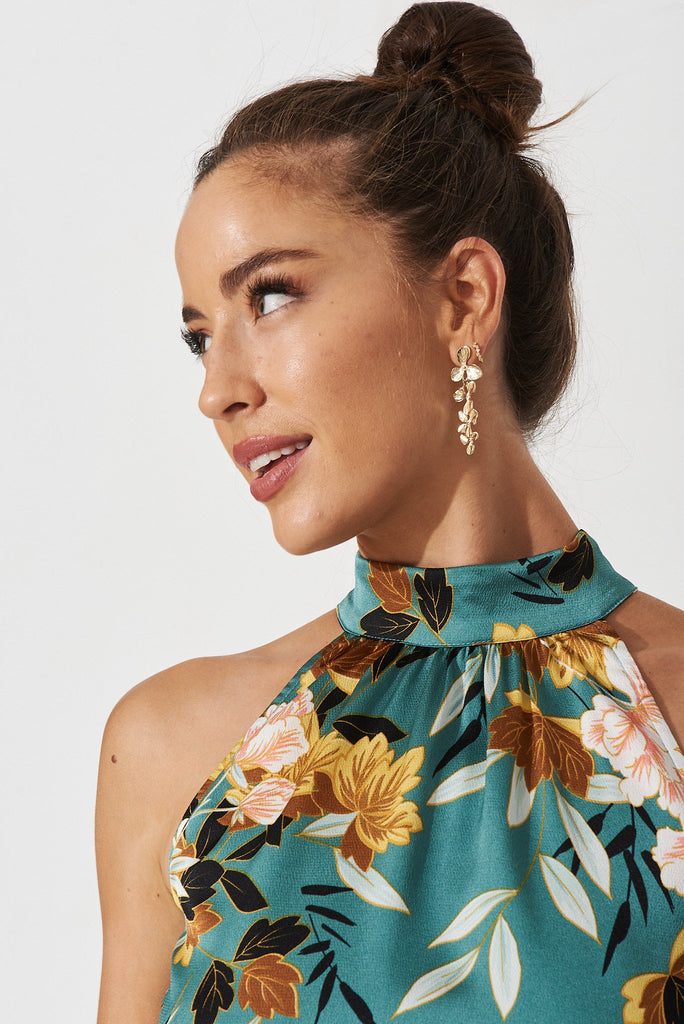 Karli Dress In Green With Blush Floral Satin - detail