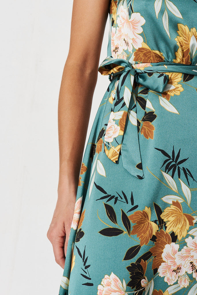 Karli Dress In Green With Blush Floral Satin - detail