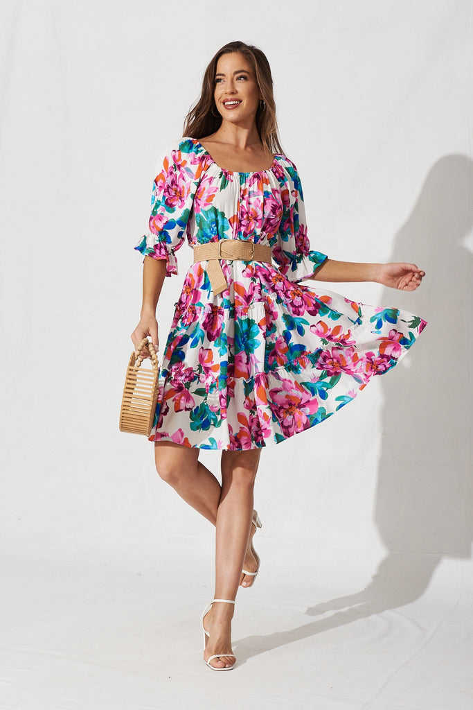 Grana Dress In White With Blue And Purple Floral - full length