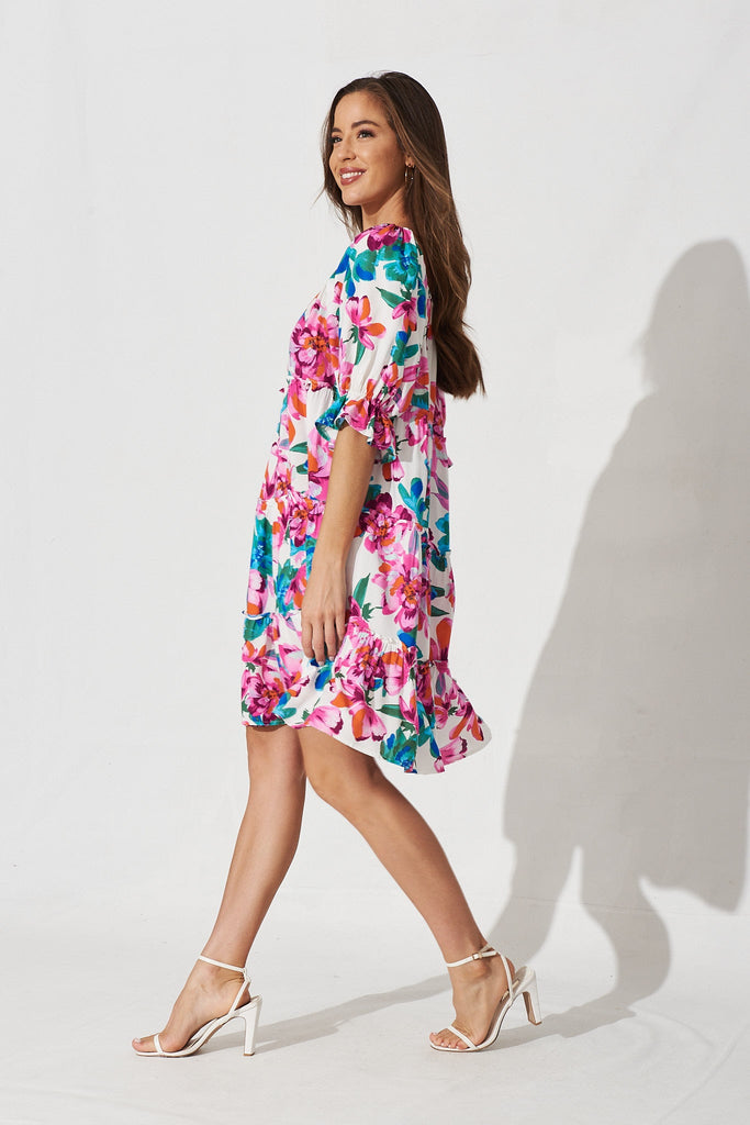 Grana Dress In White With Blue And Purple Floral - side