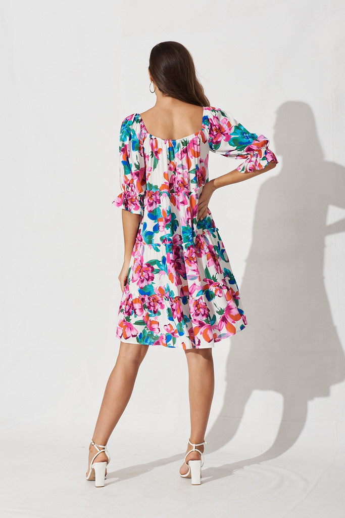 Grana Dress In White With Blue And Purple Floral - back