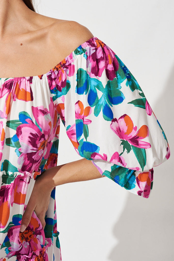 Grana Dress In White With Blue And Purple Floral - detail