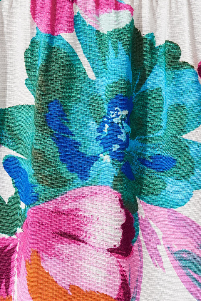 Grana Dress In White With Blue And Purple Floral - fabric