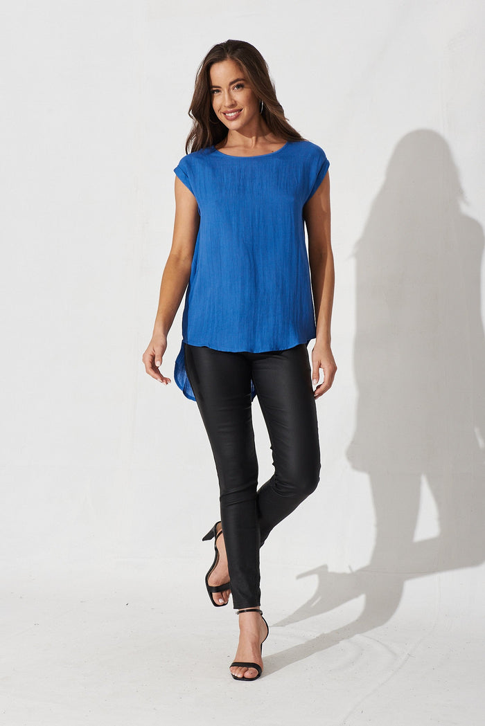 Georgette Top In Blue Linen Look - full length