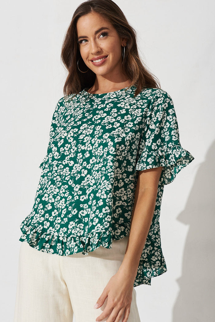 Lucca Top In Green With White Floral - front