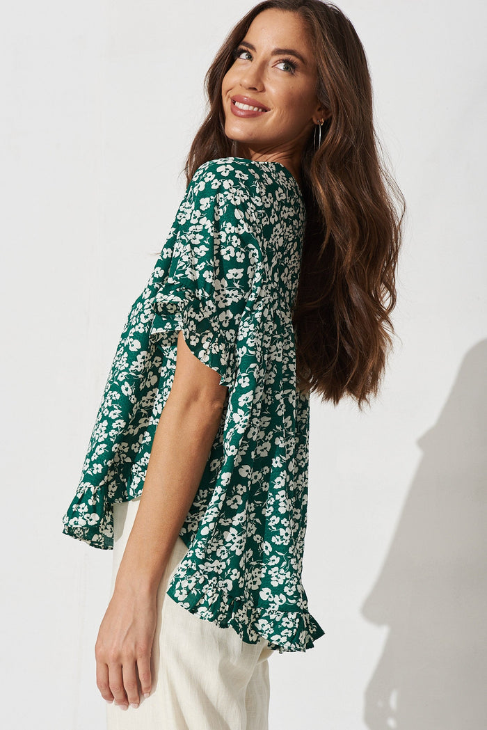 Lucca Top In Green With White Floral - side