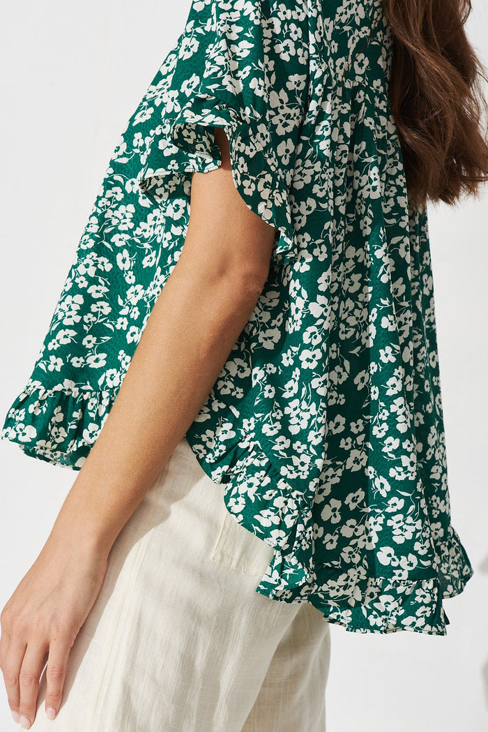 Lucca Top In Green With White Floral - detail