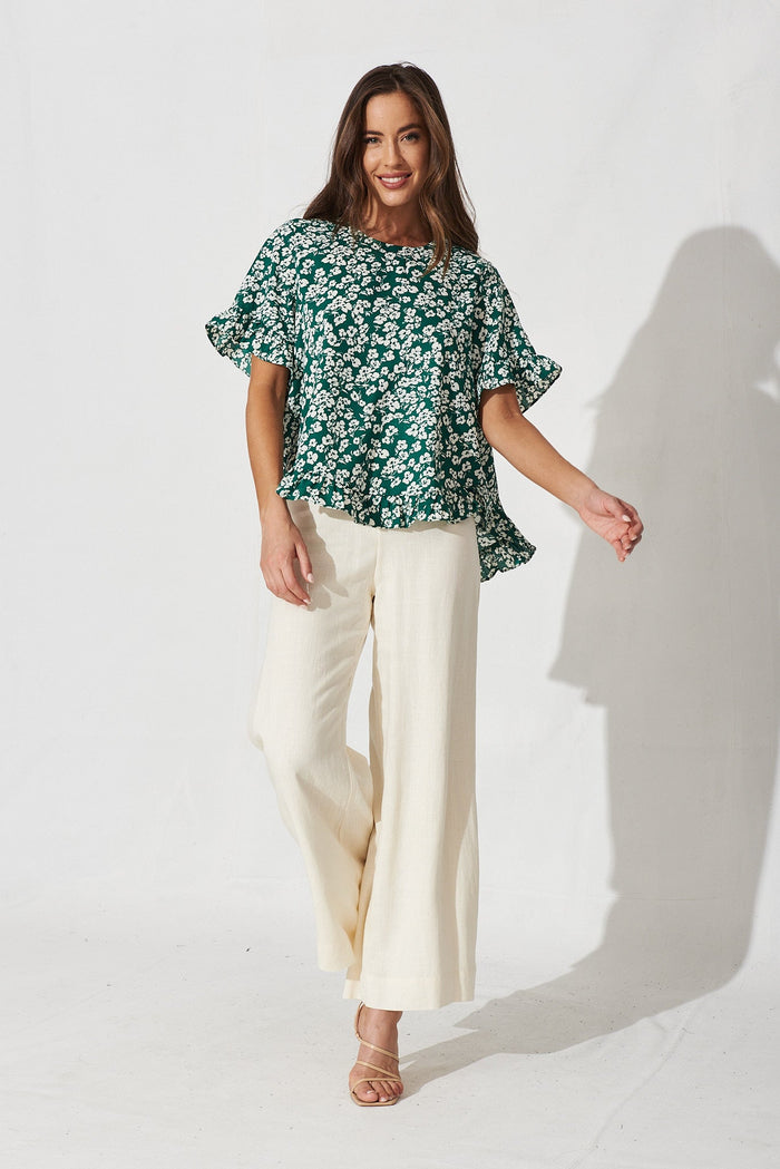 Lucca Top In Green With White Floral - full length