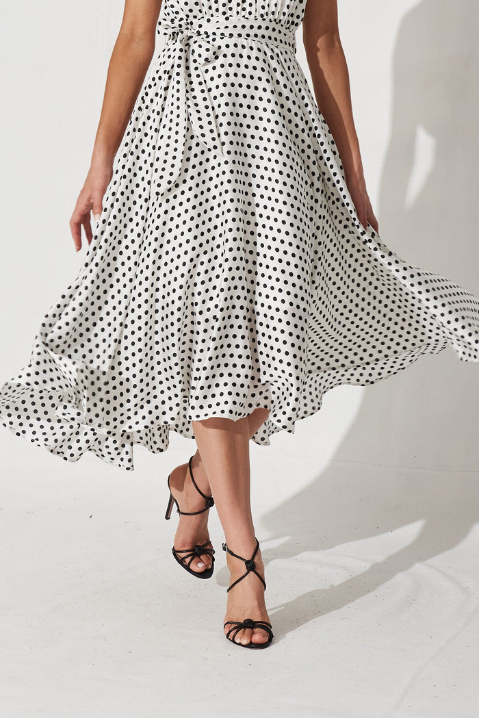 Nadia Midi Dress In White With Black Spot Satin - detail